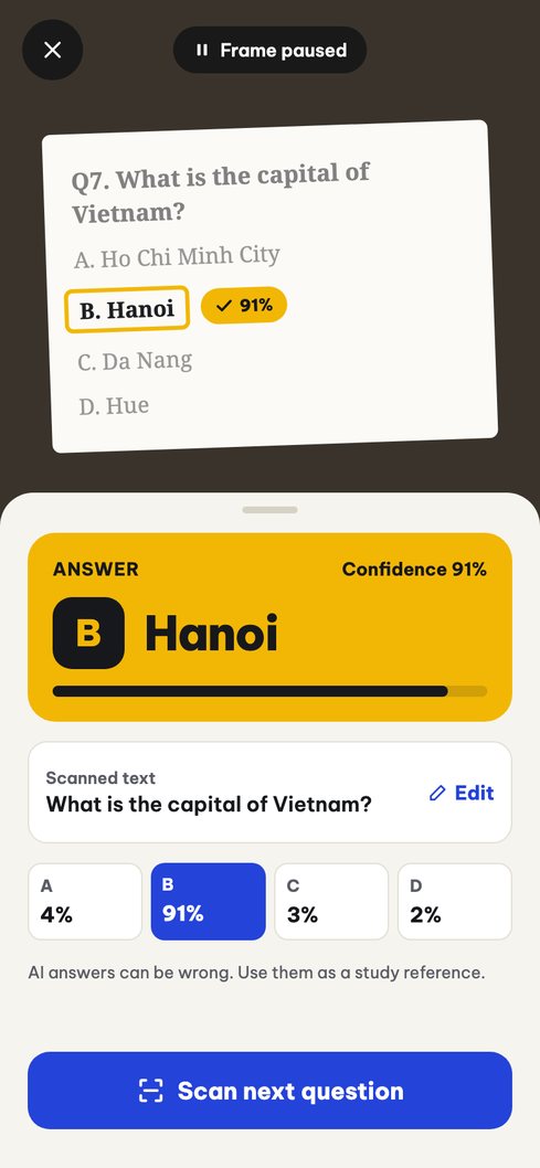 Design illustration: a paused scan with answer B, Hanoi, circled on the question at 91% confidence