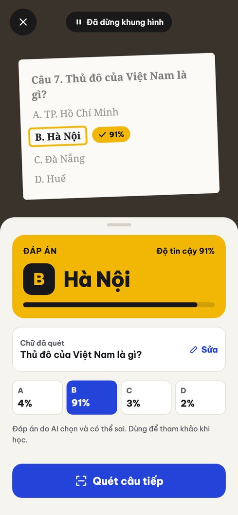 Ảnh thiết kế minh họa: khung hình đã quét, đáp án B Hà Nội được khoanh trên đề, độ tin cậy 91%